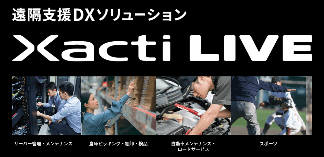 アプリ名のXacti LIVE。その下に作業の様子の写真が4枚並んでいる。