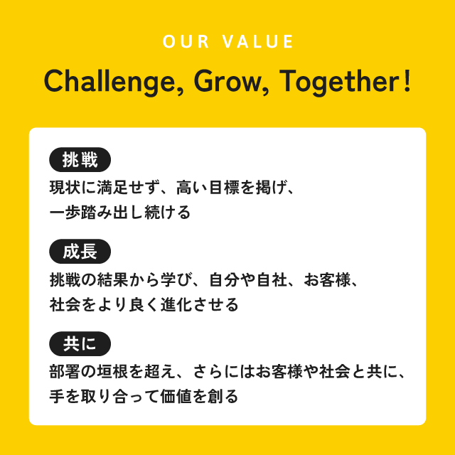 バリュー(価値観・行動指針):Challenge, Grow, Together!