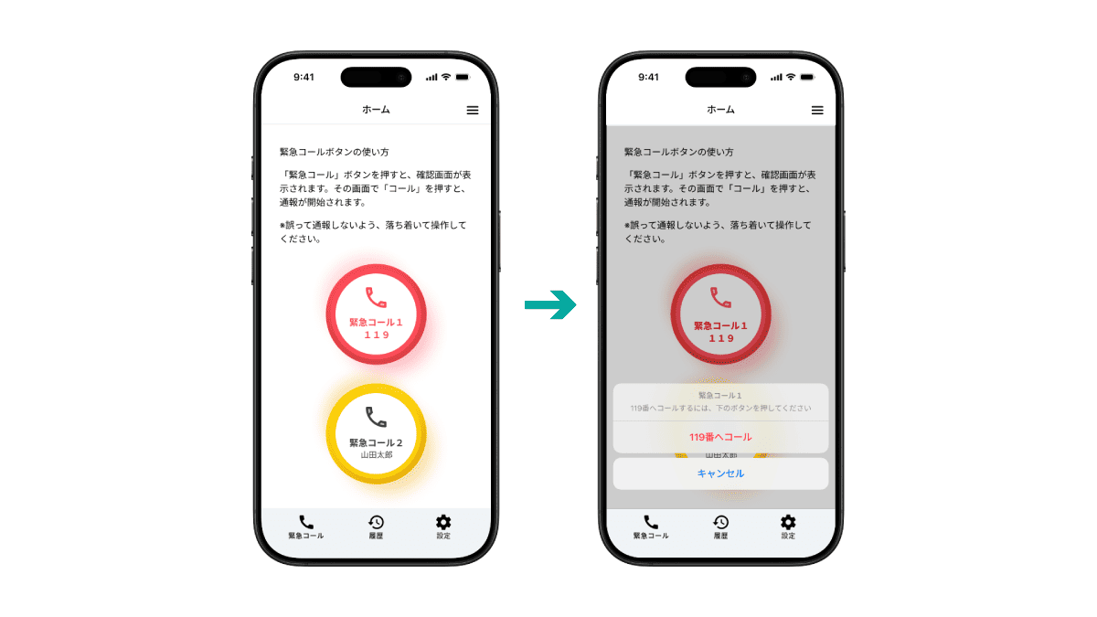 緊急コールをしているスマートフォンの画面が表示されている