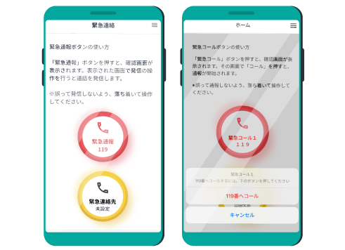 緊急コール機能の詳細が映っているスマートフォンのイラスト