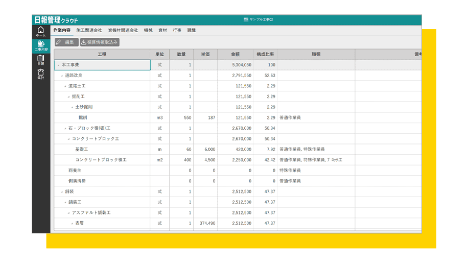 積算情報の取り込み画面の例。積算情報が表示されている。