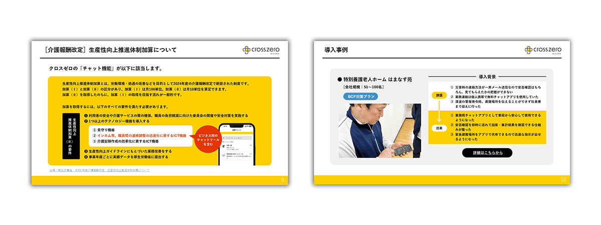 クロスゼロ 介護・福祉業向けサービス紹介資料「災害から大切な社員を守り、事業を継続する。」のページを抜粋した画像