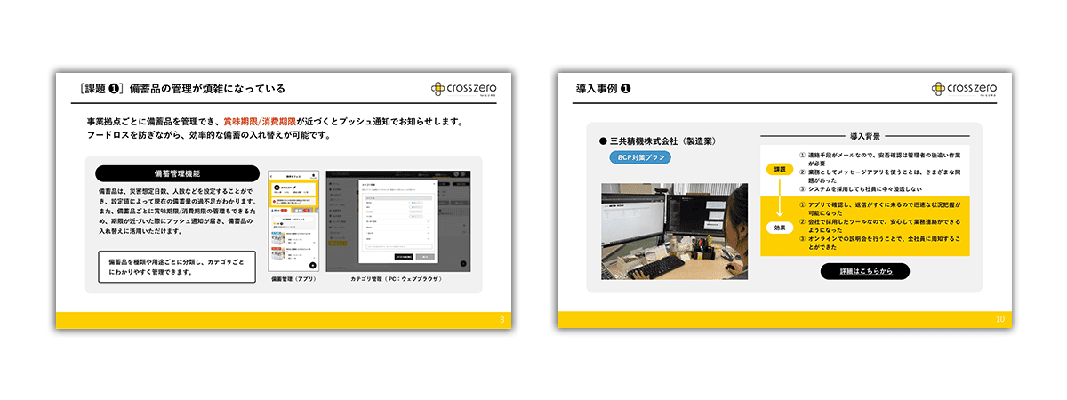 クロスゼロ 一般企業向けサービス紹介資料「災害から大切な社員を守り、事業を継続する。」のページを抜粋した画像